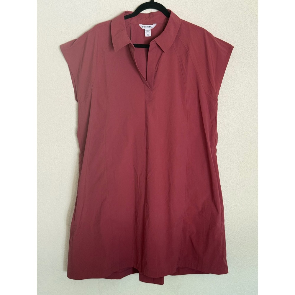 Athleta Performance Poplin Dress XL Pink Red V-Neck Short Sleeve Shift Pockets